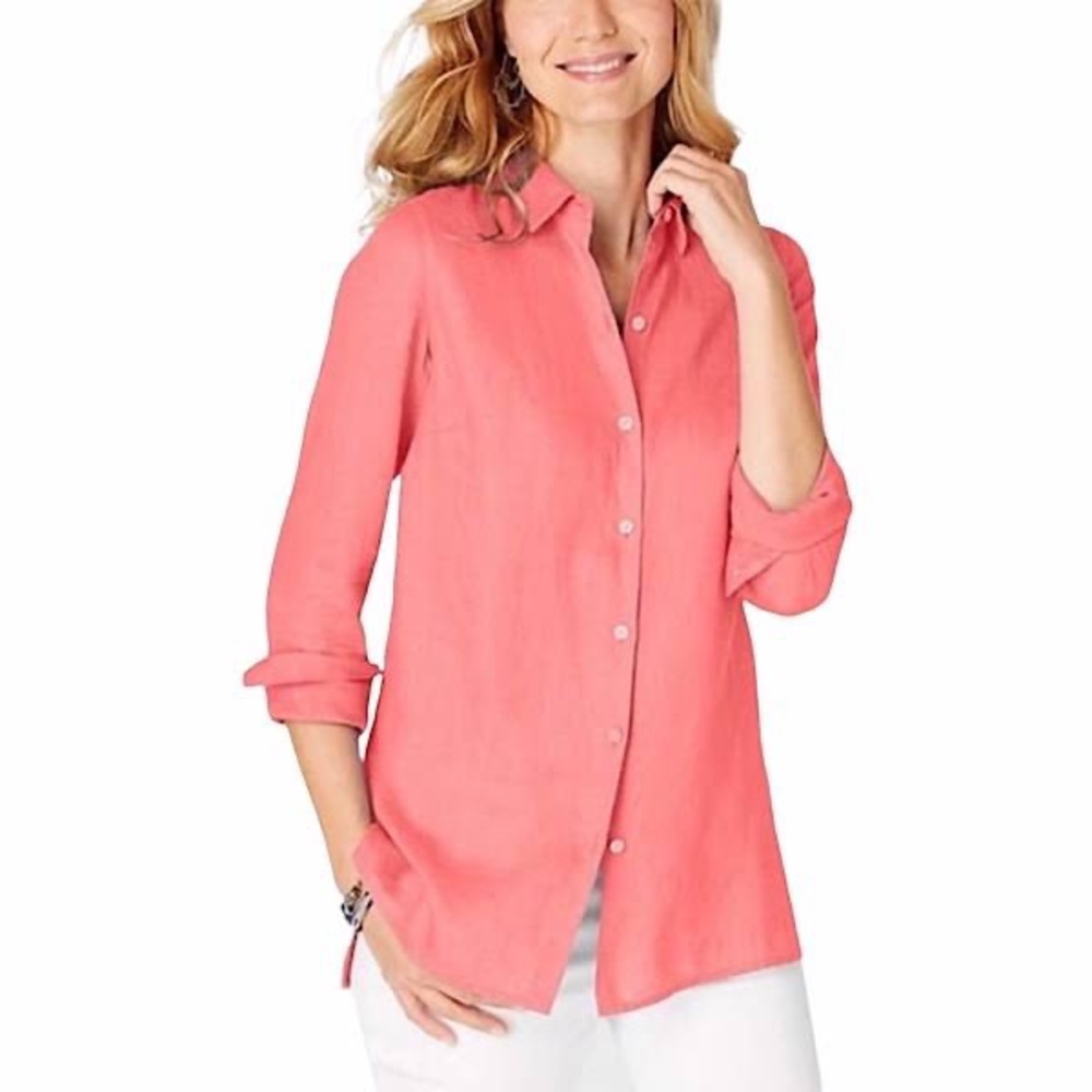 J. Jill Love Linen‎ Shirttail Tunic Long Sleeve Button Down Top Orange Size XL